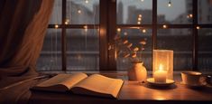 an open book on a table next to a candle and some coffee cups in front of a window