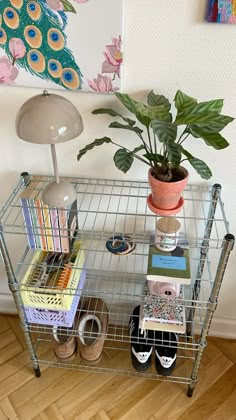 a metal shelf with books and shoes on it next to a plant in a pot