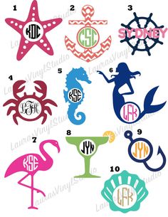 various monogrammed seahorses, anchor and starfish with the names on them