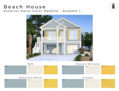 the beach house exterior paint color palette scheme is shown in yellow, blue and white