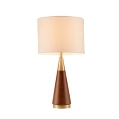 a table lamp with a wooden base and white shade on the top, against a white background