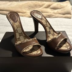 New, Never Worn Gucci Wooden And Leather Heels, Brown And Tan With Gg Monogram. 4 Inch Heels. Size 6 Vintage Gucci Shoes, Gucci Heels, Heels Brown, Shoes Gucci, Gg Monogram, 4 Inch Heels, Pretty Shoes, Gucci Shoes, Vintage Gucci