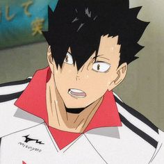 an anime character with black hair and red shirt looking at the camera while staring into the distance