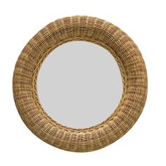 a round wicker mirror on a white background