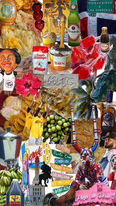 a collage of various food and drink related items, including fruit, vegetables, and beverages