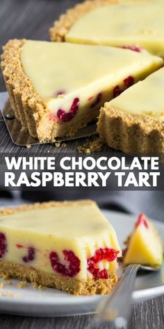 white chocolate raspberry tart on a plate with a slice cut out and ready to eat