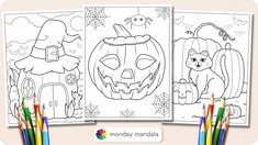 two coloring pages with pumpkins and cats on them, one is black and white