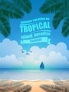 a tropical island paradise with palm trees and a sailboat in the ocean on a sunny day