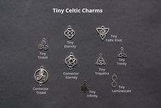 many different types of celtic charms on a black background with the words tiny celtic charms