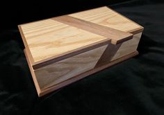 a wooden box sitting on top of a black surface