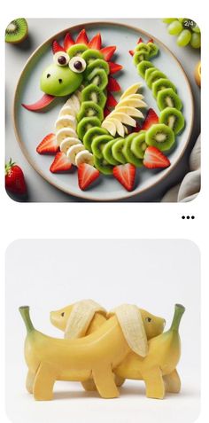 two pictures, one with bananas and the other with fruit in the shape of animals