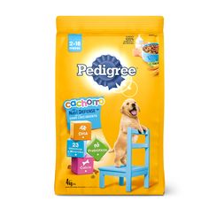 a bag of pedigree dog food on top of a blue chair with a yellow background