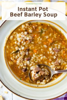 instant pot beef barley soup in a white bowl with a spoon