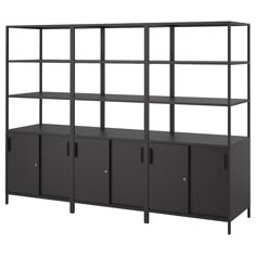 a black shelf unit with four doors and two shelves on each side, one is open