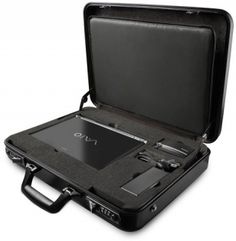 an open black briefcase on a white background