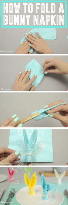 how to fold a bunny napkin on top of a paper plate with scissors and fork