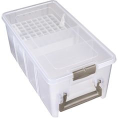 a plastic storage box with dividers and handles