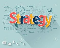 the word strategy written in colorful letters on a blue background with various hand drawn diagrams