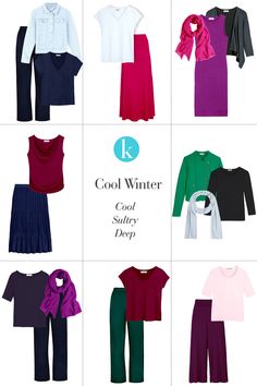 Do you know your Winter sub-type? Cool Winter Wardrobe Color Palettes, Winter Colour Combinations Clothes, Winter Color Capsule Wardrobe, Kettlewell Colours Winter Color Combos, True Winter Clothing, True Winter Fashion, Sultry Winter Color Palette, Cool Winter Color Combinations, True Winter Summer Outfits