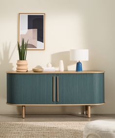 a sideboard with a potted plant next to it on top of a rug