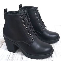 Step Out In These Versatile Lace Up Combat Boots. New In Box Vegan Leatherette Material Adjustable Lace Silver Eyelets Lighly Padded Insole Chunky Heel Shaft Height: Approx 4 In. Heel Height: 2.75 In. Fitting: True To Size. Lace Up Combat Boots, Chunky Heel, Chunky Heels, New Black, Black Lace, Combat Boots, Bootie Boots, Heel Height, Ankle Boots