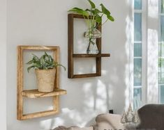 a living room filled with furniture and a potted plant on top of a wooden shelf