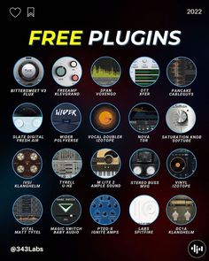 a poster with the words free plugins in different colors and sizes, including buttons