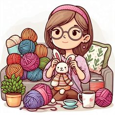 a woman sitting on a couch holding a stuffed animal in front of yarn and crochet