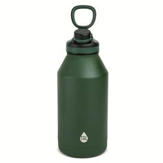 a green stainless steel water bottle with a black lid and nozzle on the top