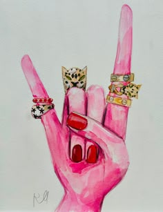 a painting of a pink hand with rings on it's fingers and a leopard print ring on the middle finger