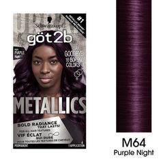 Say goodbye to boring colors! All eyes are on you with Schwarzkopf got2b Metallics permanent color. Boost your hair color with trendy metallic shades. Schwarzkopf got2b Metallic Hair Color offers a multi-dimensional look that delivers unique metallic radiance. Permanent hair color that lasts. Got2b Metallics hair dye works for all hair textures. This permanent hair color can be used on your natural hair, wigs, or extensions to express yourself! The lighter your natural or current hair color, the Midnight Violet Black Hair Color, Violet Black Hair Color, 2vv Midnight Violet Black Hair, Got2be Metallic Hair Dye Purple, Got2b Metallics, Midnight Purple Hair, Steel Amethyst Hair Color, Metallic Hair Color, Schwarzkopf Got2b