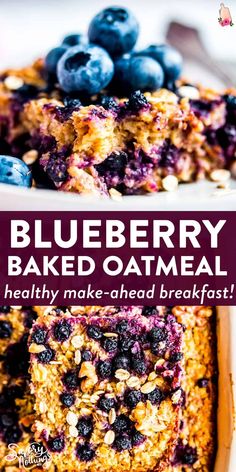 blueberry baked oatmeal in a pan with text overlay