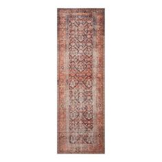 an antique persian runner rug with red and blue colors on the bottom, in front of a white background