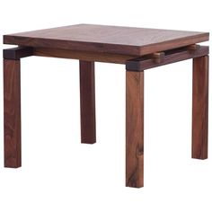 a square wooden table with two legs and one end on the other side, against a white background