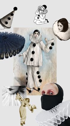 an artistic collage with many different images and people wearing masks on their heads, in various colors