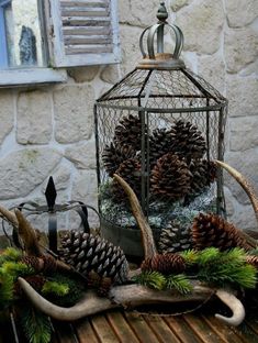 a birdcage filled with pine cones sitting on top of a wooden table