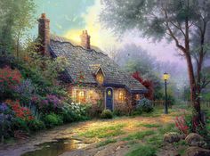 a painting of a cottage in the woods with flowers and trees around it at night