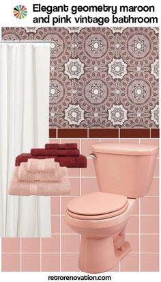 a bathroom with pink and brown decor in it