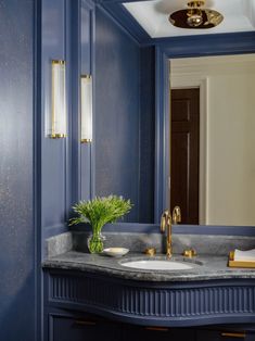 a bathroom with blue walls and marble countertops, gold fixtures and a plant in the corner