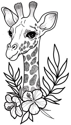 a drawing of a giraffe with flowers on it's neck and head