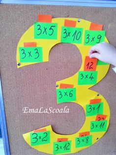 a child's hand is pointing at the number three made out of construction paper