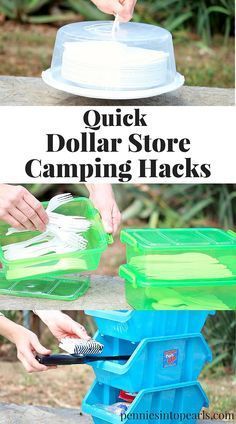 two pictures showing how to store camping hacks with the words quick dollar store camping hacks