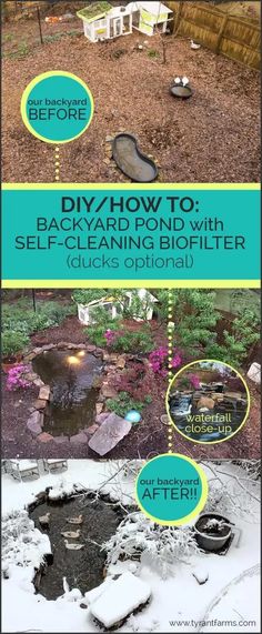 the backyard pond with self - cleaning biofilter is shown in two different pictures