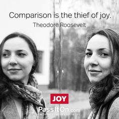 two women standing next to each other in front of a building with the words comparison is the thief of joy