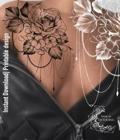 the back of a woman's shoulder with flowers and chains attached to her arm