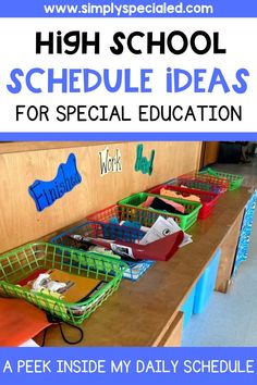 the back to school desk is filled with baskets and books