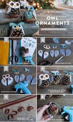 instructions to make an owl craft with pine cones and glue on the inside of it