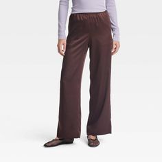 Women's Mid-Rise Satin Pull-On Pants - A New Day™ Brown M Pants Brown, Versatile Outfits, Straight Trousers, Elastic Fabric, Polyester Satin, Bottom Clothes, Pull On Pants, Casual Wardrobe, A New Day