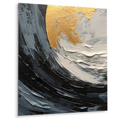 an abstract painting with gold and black paint on it's canvas, depicting the ocean waves