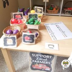 a wooden table topped with baskets filled with fruits and vegetables next to a sign that says support local farmers